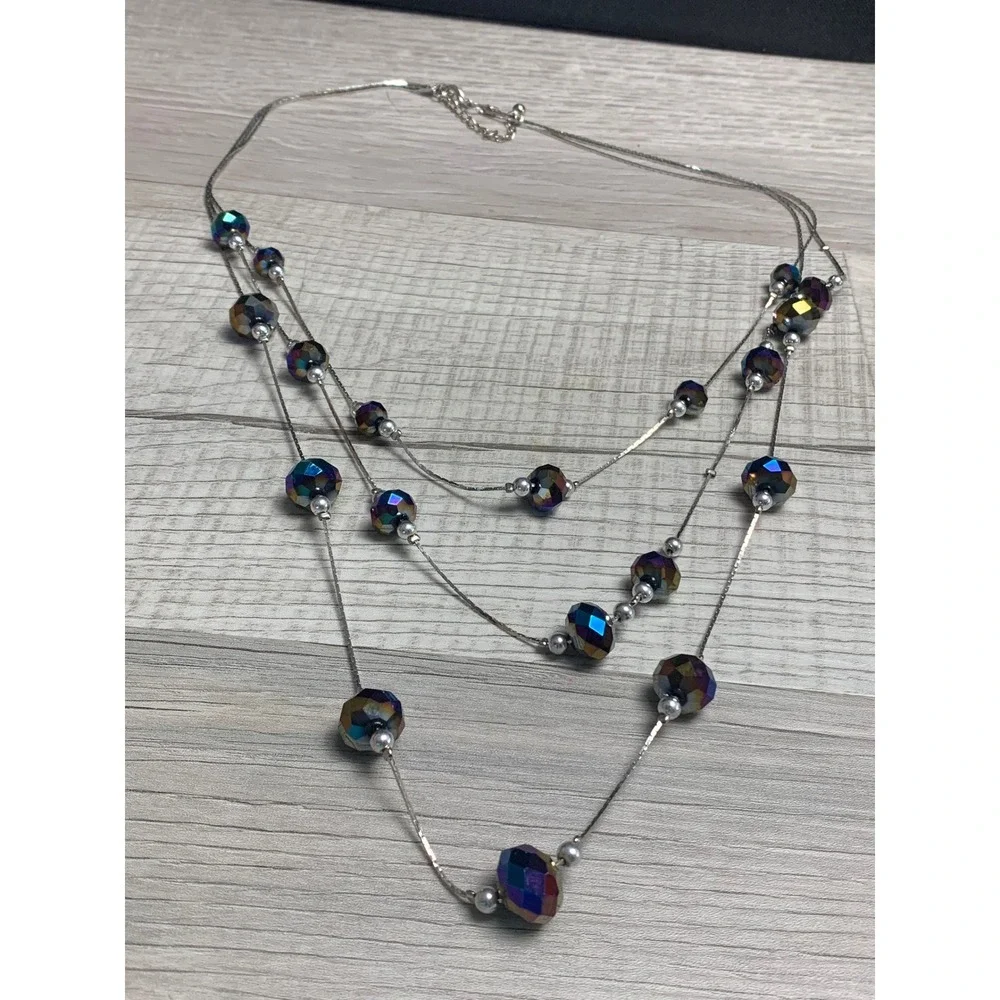 Iridescent Multi Strand Layered Necklace Silver Tone Oil Slick Faceted Beads 20
